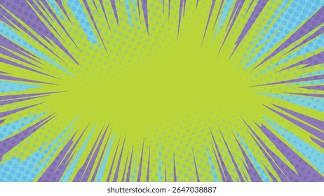 Dynamic Halftone effect Background Vector with Green and Purple Radial Burst Design