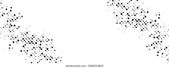 Dynamic halftone geometric frame: chaotic hexagons, particles, and fragments create a textured, cellular network design. Perfect for business, tech, and medical posters. Vector illustration