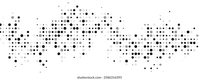 Dynamic halftone geometric frame: chaotic hexagons, particles, and fragments create a textured, cellular network design. Perfect for business, tech, and medical posters. Vector illustration