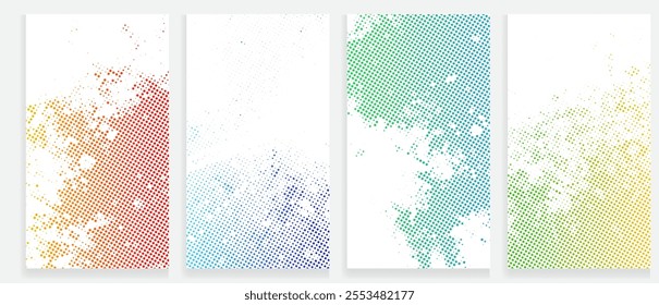 Dynamic Halftone Gradient Background Set Vibrant Green, Blue, Yellow, and Red Dotted Patterns for Modern Decorative Design Applications