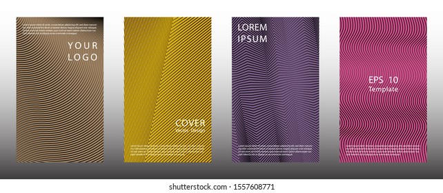 Dynamic halftone gradient cover page templates vector set. Business graphic design. Banner halftone backgrounds collection. Book covers with lines, curves geometry. Title paper leaflets.