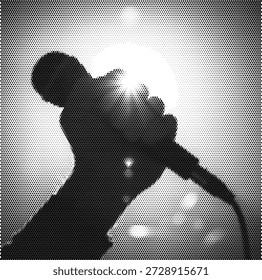 Ilustración dinámica de medio tono de una mano que sostiene un micrófono, que simboliza la interpretación musical y el canto. Perfecto para promociones de conciertos, noches de karaoke y marca de podcast.