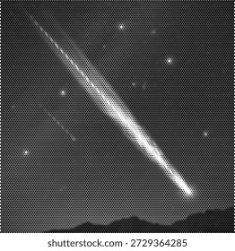 Ilustração dinâmica em meio-tom de uma estrela cadente com listras no céu noturno. Este desenho celeste simboliza desejos, velocidade e eventos astronômicos. Perfeito para pôsteres de clubes de astronomia, educação em ciências espaciais, gráficos motivacionais e cartões de felicitações. O efeito de padrão de pontos captura o movimento e a luz do meteoro. Arquivo vetorial de alta qualidade para visuais inspiradores e científicos.