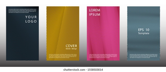 Dynamic halftone lines cover page templates vector set. Geometric graphic design. Placard halftone backgrounds collection. Book covers with lines, curves geometry. Vector layouts.