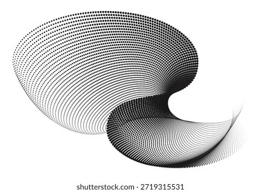 Dynamic halftone particle waves forming a flowing dot curve on white background.