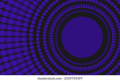 A dynamic halftone pattern of circular dots radiating from the center in blue and black tones.