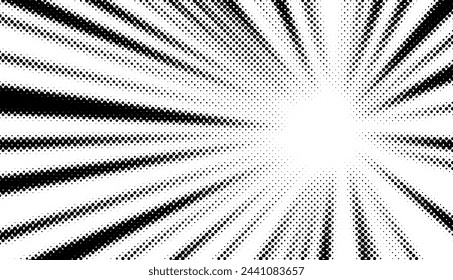 A dynamic halftone pattern with dots creating a burst effect, in black and white. Ideal for illustrating concepts of digital printing, pop art, or visual frequency.