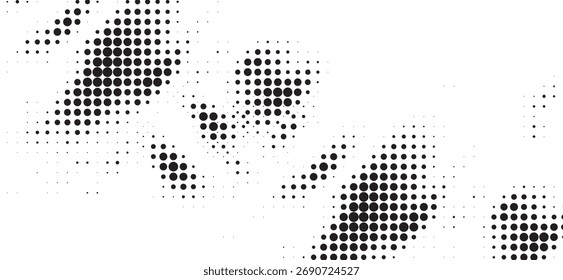 Dynamic halftone pattern in monochrome shows a gradient of circular dots fading across a bright white backdrop, generating a visually textured, slightly noisy effect