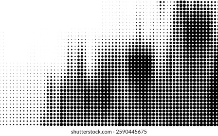 Dynamic halftone pattern with varying dot density creating a visual gradient effect for backgrounds or graphical elements featuring bold contrasts and seamless transitions