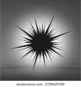 Um efeito dinâmico de meio-tom starburst ou explosão, ideal para símbolos de energia, marca de vendas flash e logotipos abstratos criativos. Perfeito para efeitos de quadrinhos, banners promocionais e anúncios que chamam a atenção.