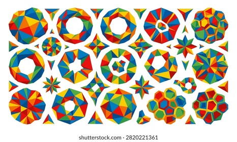 Dynamic Halftone Transition Pack. Abstract geometric forms in vibrant polychromatic hues evoke a sense of playful dynamism and architectural complexity, suggesting cosmic structures or intricate digital designs.