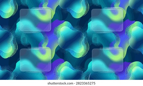 Dynamic Halftone Transition Pack. Abstract fluid shapes with glass-like overlays create a dynamic, vibrant composition. This digital art blends organic forms with a modern aesthetic, perfect for tech-inspired themes.