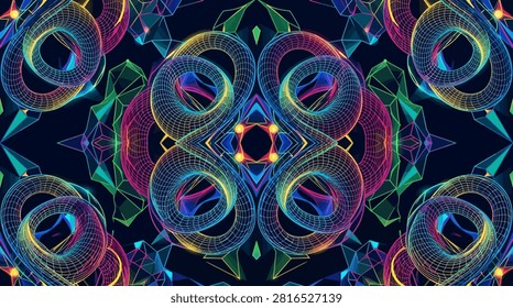 Dynamic Halftone Transition Pack. Symmetrical, kaleidoscopic geometric patterns featuring vibrant, looping wireframe forms and faceted crystal shapes, creating a mesmerizing visual symphony of light and color.