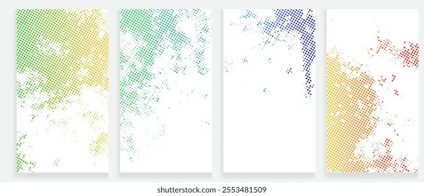 Dynamic Halftone Vector Gradient Pattern Set Vibrant Green, Yellow, Red, and Blue Color Transitions with Retro-Inspired Dot Textures for Modern Design Applications