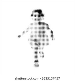 Dynamic halftone vector illustration of running kid in retro comic style with bold dotted texture. Isolated on white background. Sport, children's health.Running.