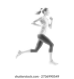 
Dynamic halftone vector illustration of a running girl in retro comic book style with bold dotted texture. High contrast black and white image, isolated on white background. Stylized athletic woman 