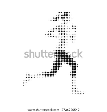 
Dynamic halftone vector illustration of a running girl in retro comic book style with bold dotted texture. High contrast black and white image, isolated on white background. Stylized athletic woman 