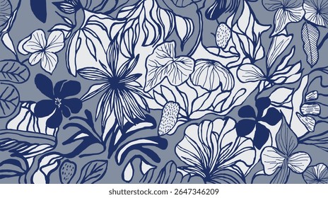 A dynamic hand drawn brush lines botanical pattern in shades of blue and white on a grey background, featuring various stylized flowers and leaves. Simple abstract natural elements for textile, carpet