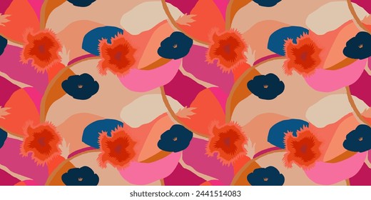 Dynamic hand drawn exotic flowers pattern. Unique abstract botanical print. Fashionable template for design. 