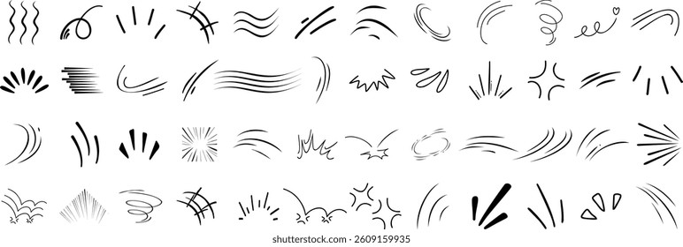Dynamic hand drawn motion lines, speed effects, and comic style impact strokes for manga, animation, and graphic design.doodle line movement vector set for enhancing visual action scenes