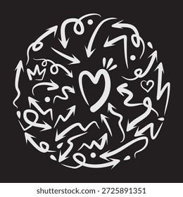 Dynamic Hand-Drawn Arrows and Heart in a Circular Arrangement. Vector design element.