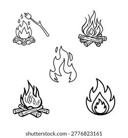 Dynamic hand-drawn campfire and flame vector set. Includes wood logs, roasting marshmallows, and various fire shapes. Perfect for outdoor adventure guides and cozy winter branding.