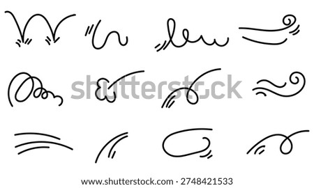 Dynamic handdrawn doodle lines arrows illustrating various motion speed impact sound and effect concepts