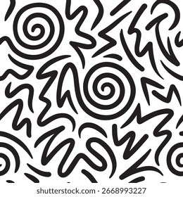 A dynamic, hand-drawn pattern featuring bold black swirls and sharp zigzags on a white background, evoking a retro, energetic, and abstract aesthetic.
