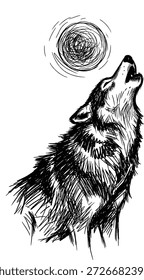 Dynamic hand-drawn vector illustration of a wild wolf howling at the full moon with a textured artistic style on a white background
