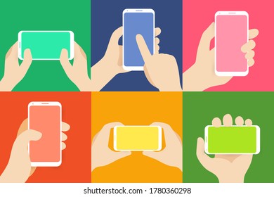 Dynamic Handheld Device Mockups: Collection of flat vector illustrations featuring hands holding smartphones, ideal for showcasing apps, UI UX designs, and mobile technology concepts.