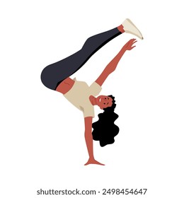 Dynamic handstand performed by breakdancing. Freestyle hip hop dance moves captured in vector illustration. Street dancer on isolated background. Flat style.