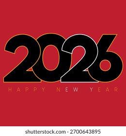 Dynamic Happy New Year 2026 Celebration Banner: Bold Black and Outline Gold Detailing on a Vibrant Red Background, Ideal for Festive Holiday Greetings and Eye-Catching Social Media Marketing
