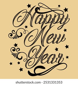 A dynamic "Happy New Year " T-shirt design featuring bold, modern typography with sparkling fireworks in the background. Vibrant confetti swirls around the text, symbolizing celebration and excite