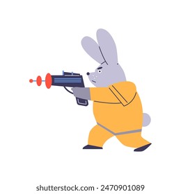 Ein dynamischer Hase als Tierkämpfer im Gelben Schildanzug und bewaffnet mit einem Blaster. Vektorillustration über tierische Superhelden in flachem Cartoon-Stil auf isoliertem Hintergrund.