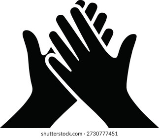 Dynamic high five hand silhouette. Solid black vector isolated on white background, representing teamwork, success, and celebration.