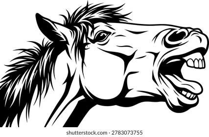 A dynamic, high-contrast vector graphic featuring the head and neck profile of a horse. The artwork uses bold black lines and sharp negative space to depict the horse with its mouth wide open in a dramatic whinny, neigh, or laughing expression, showcasing its teeth and tongue. The detailed mane is styled with fluid, jagged tufts that convey a sense of wild energy and movement. This powerful, isolated design is ideal for horseback riding school logos, ranch branding, detailed decals, or impactful t-shirt graphics.