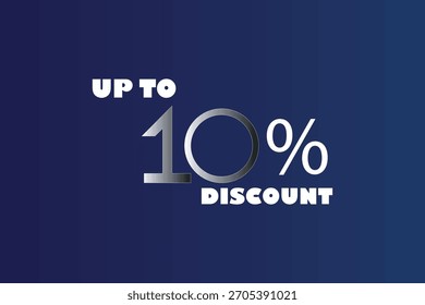 Una Ilustración vectorial dinámica y de alto impacto que presenta el texto "HASTA 10% DE DESCUENTO" en una tipografía moderna metálico-plateada sobre un fondo azul y púrpura degradado.
