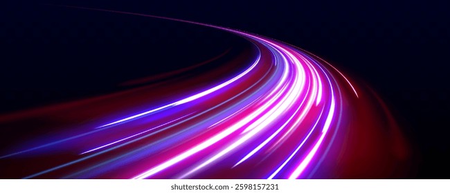 Dynamic high-speed light trails. Blue and red motion blur, night lights, long time exposure, abstract glowing streaks.