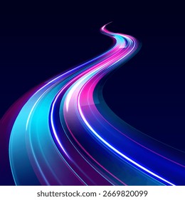 Trilhas de luz dinâmicas de alta velocidade. Borrão de movimento azul e vermelho, luzes noturnas, exposição prolongada, estrias brilhantes abstratas.	
