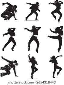 Dynamic Hip-Hop Dancer Girl Silhouette Vector Set - Street Dance Poses