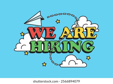 Dynamic Hiring Announcement with Clouds and a Paper Airplane Cartoon Illustration