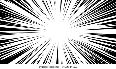 Dynamic horizontal background, template for social media, comics, posts.  Speed line comic background. Manga explosion effect with radial motion elements. Vector graphics