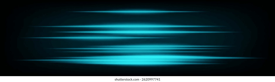 Líneas de velocidad de neón azul Horizontal dinámico que brillan intensamente sobre un fondo oscuro. Abstractas rayos futuristas perfectos para diseños digitales, tecnología y Elementos de interfaz de usuario. Ilustración vectorial EPS.