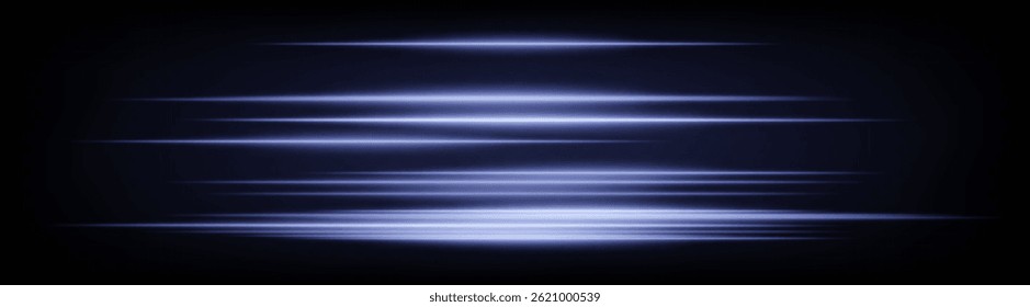 Dynamic horizontal blue neon speed lines glowing brightly on a dark background. Abstract futuristic beams perfect for digital designs, technology, and UI elements. EPS vector illustration.