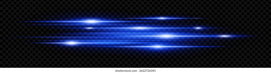 Dynamische horizontale blaue Neonlinien, die hell auf dunklem Hintergrund leuchten. Abstrakte, futuristische Balken, perfekt für digitale Designs, Technologie und UI-Elemente. EPS-Vektorgrafik.