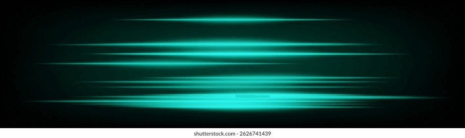 Dynamic horizontal blue neon speed lines glowing brightly on a dark background. Abstract futuristic beams perfect for digital designs, technology, and UI elements. EPS vector illustration.