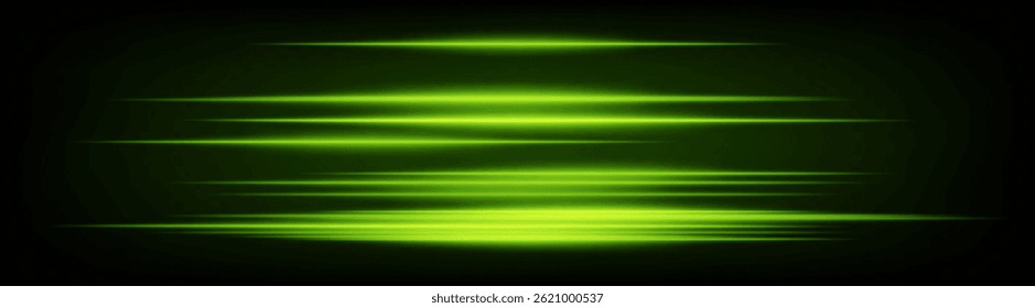 Dynamic horizontal green neon speed lines glowing brightly on a dark background. Abstract futuristic beams perfect for digital designs, technology, and UI elements. EPS vector illustration.