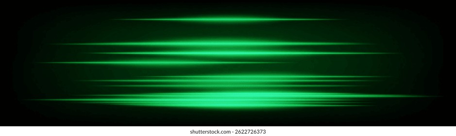 Dynamic horizontal green neon speed lines glowing brightly on a dark background. Abstract futuristic beams perfect for digital designs, technology, and UI elements. EPS vector illustration.