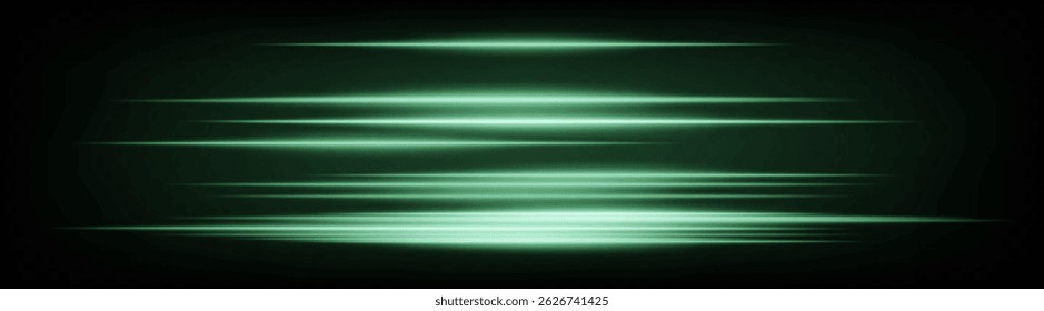 Dynamic horizontal green neon speed lines glowing brightly on a dark background. Abstract futuristic beams perfect for digital designs, technology, and UI elements. EPS vector illustration.