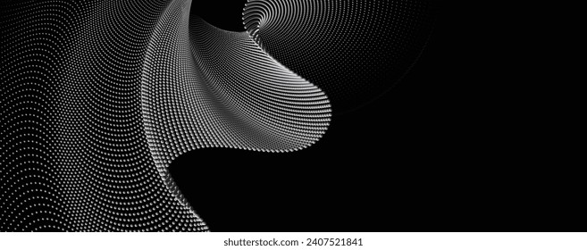 A dynamic, horizontal illustration of particle waves in a halftone gradient, forming a flowing dot curve on a white backdrop, embodying technology, so